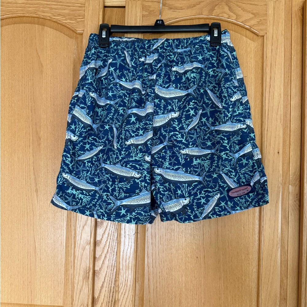 Vineyard Vines Navy & Aqua Fish Print Swim Shorts